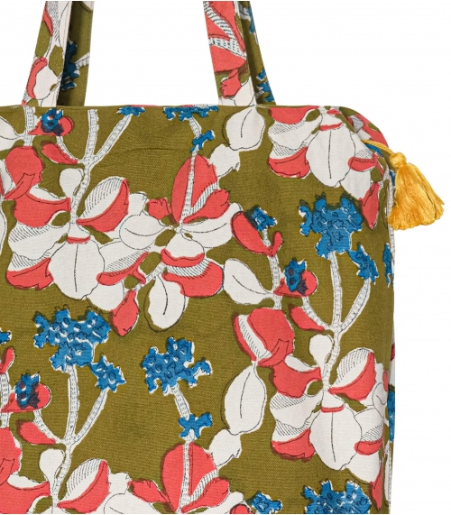 Zipped printed tote bag 16x18x5 inches - Iris olive