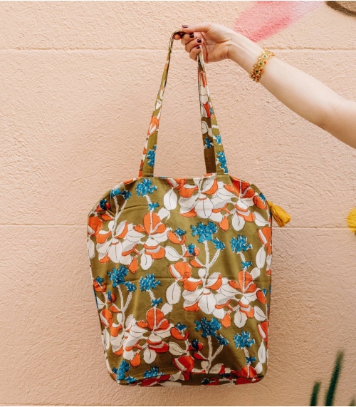 Tote bag imprimé zippé 41x46x13 cm - Iris olive