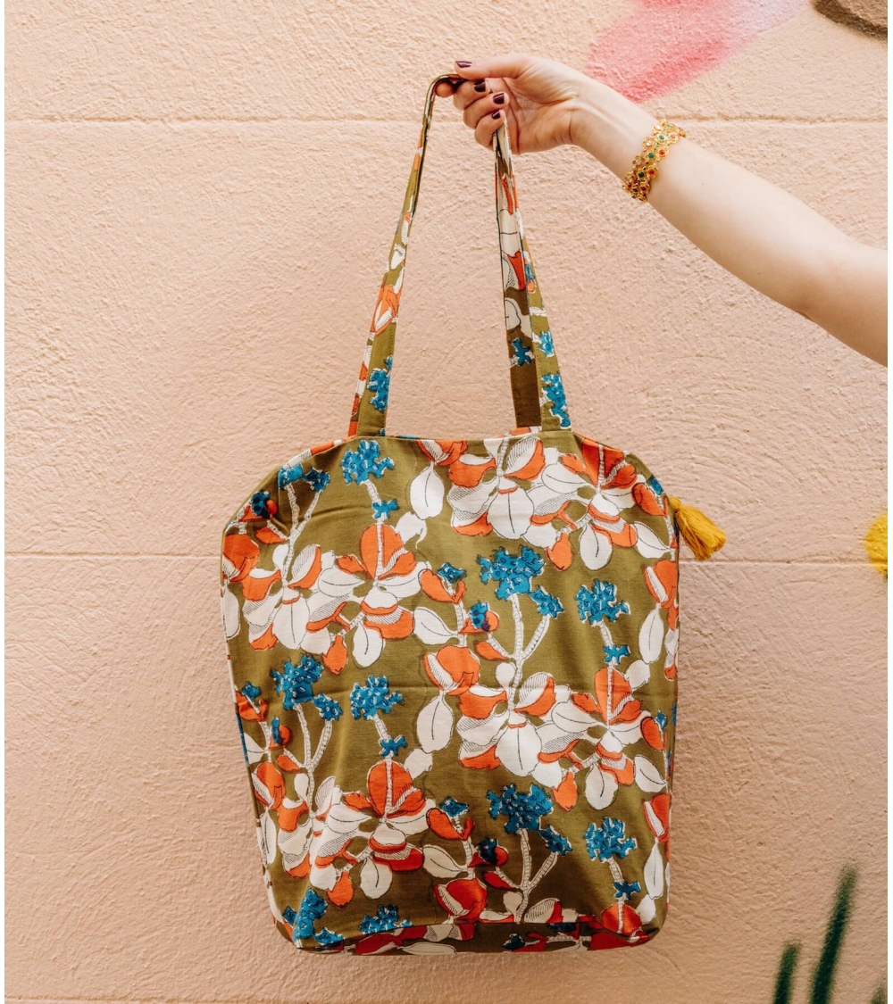 Tote bag imprimé zippé 41x46x13 cm - Iris olive