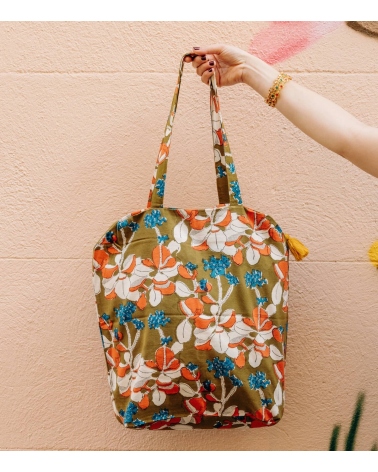 Zipped printed tote bag 16x18x5 inches - Iris olive