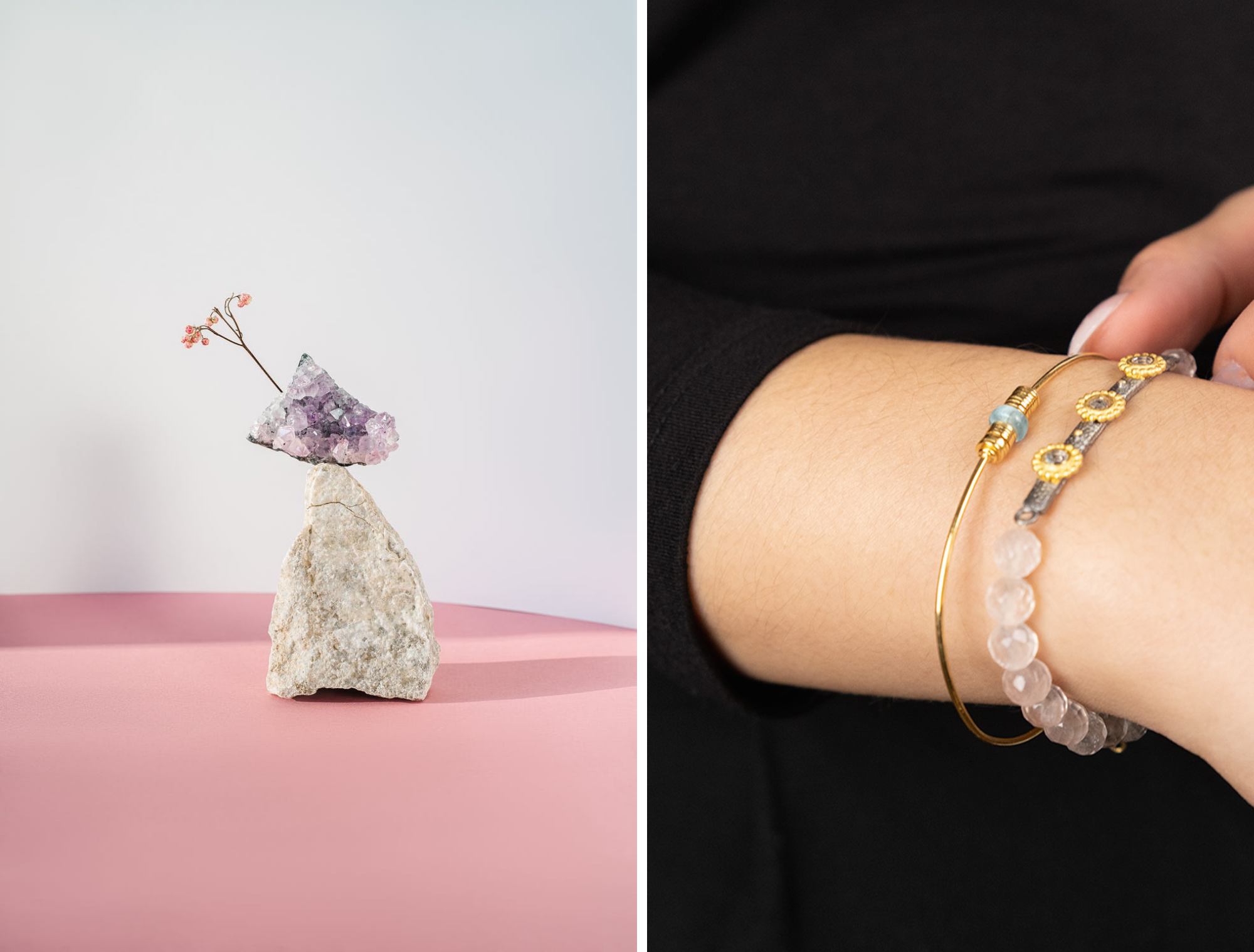 Quartz rose et bracelet indien fait-main
