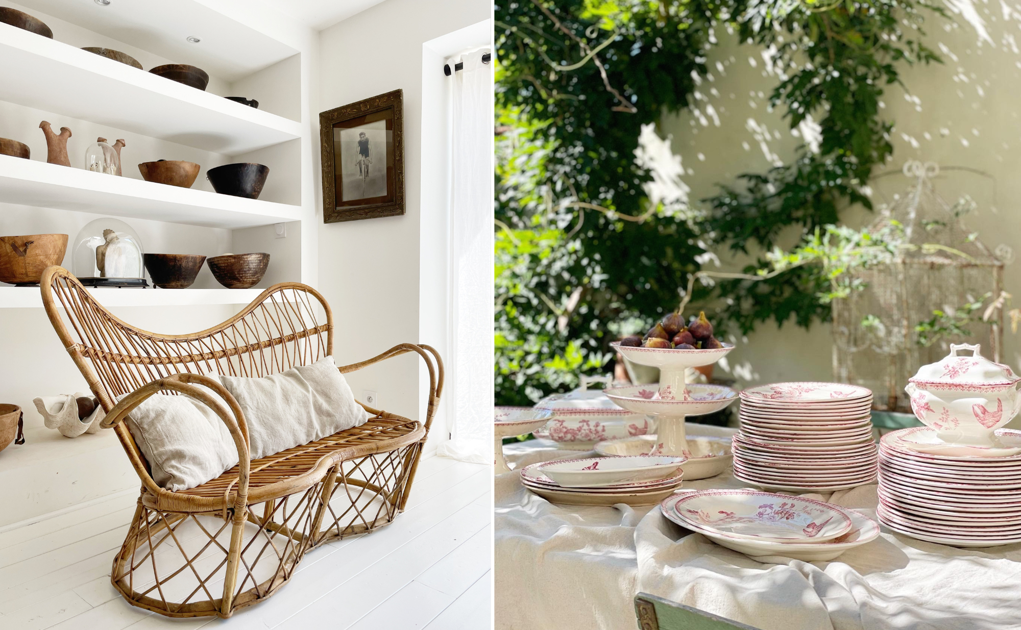 Rattan sofa, vintage tableware