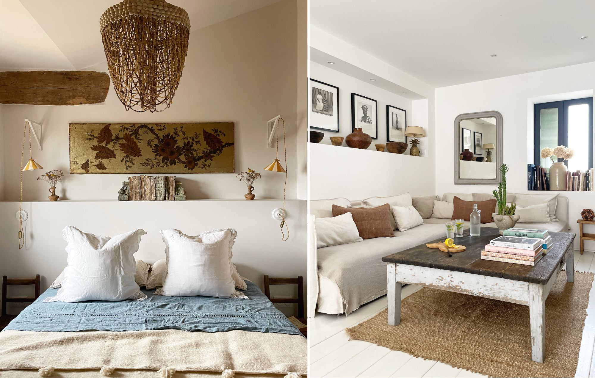 Boho chic bedroom decor, white linen sofa and wooden furniture