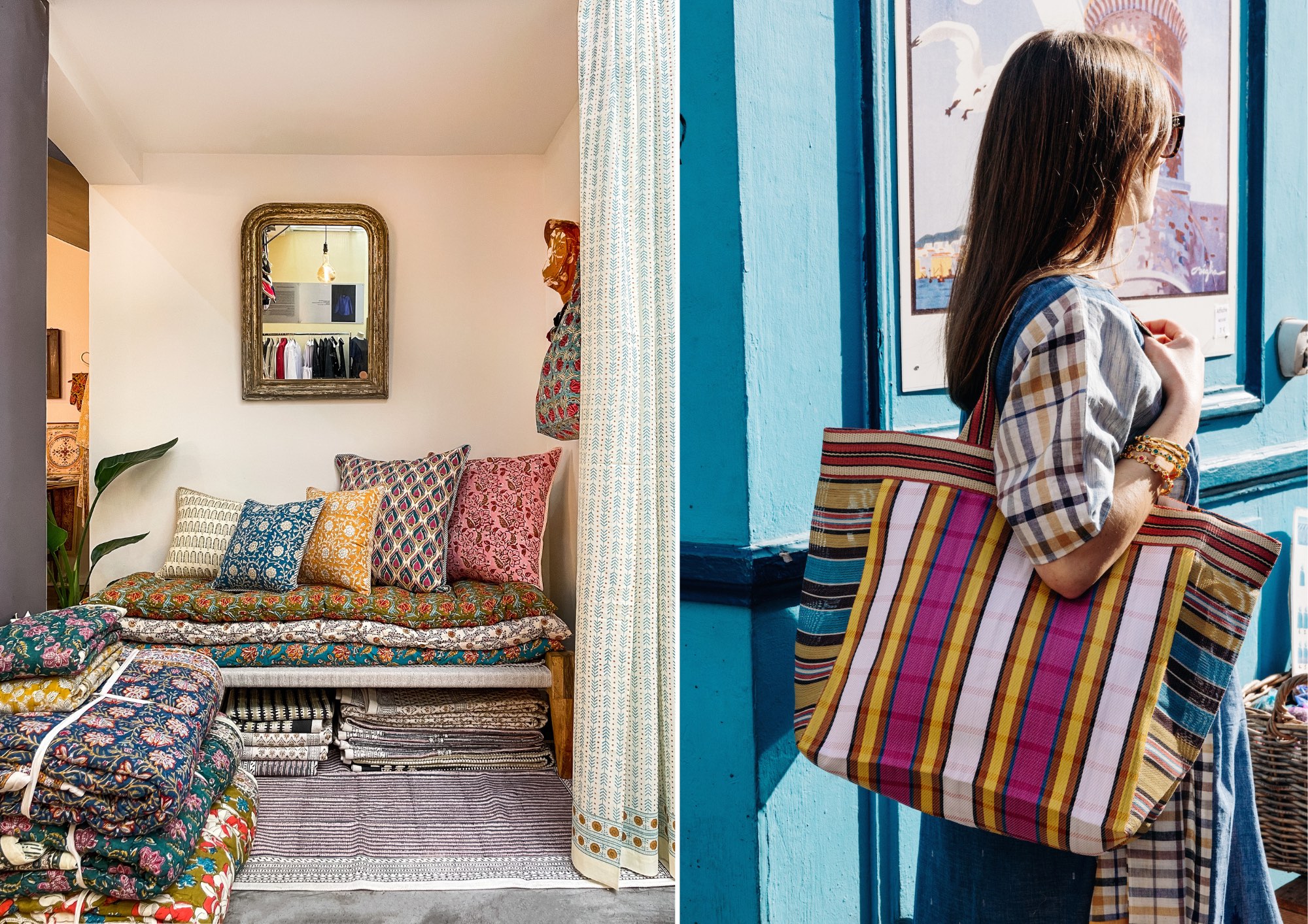 Indian cushions and mattresses, market bags made from recycled nylon threads