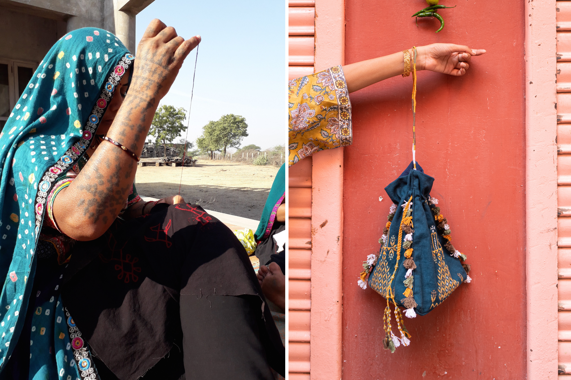 Femme tisserande de la tribu Rabadi, pochon en coton brodé