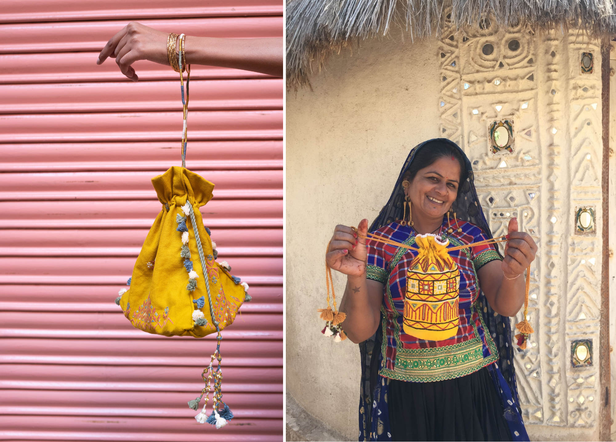 Indian woman weaver, embroidered cotton pouch