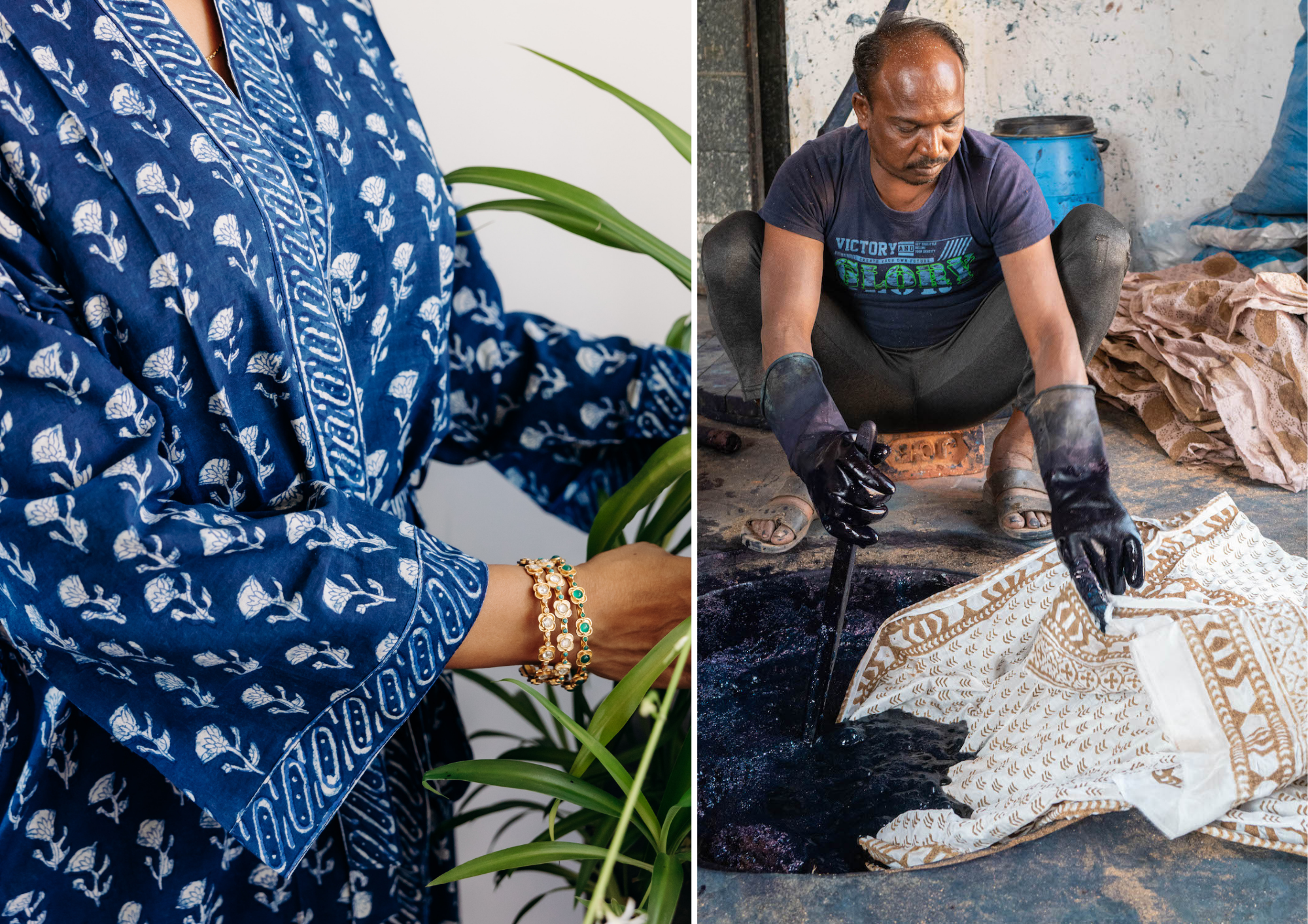 Kimono in indigo cotton - natural dyeing in Bagru