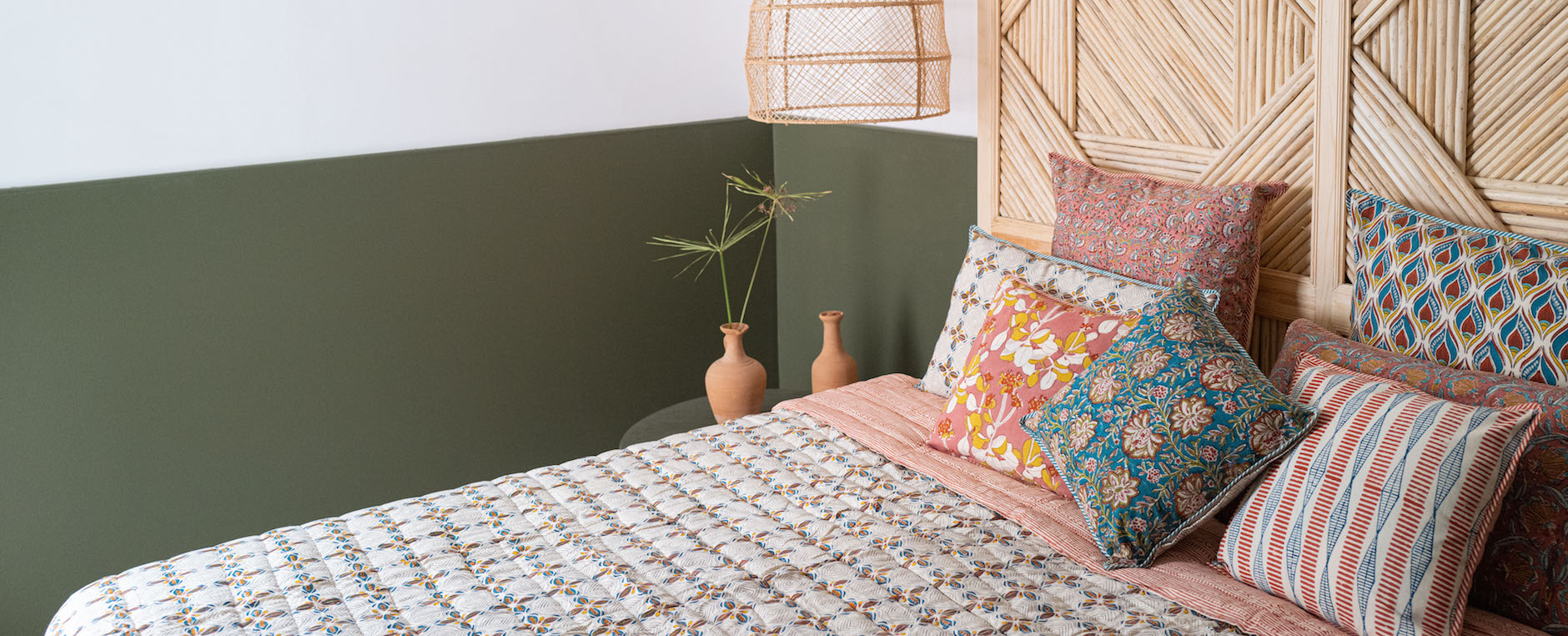 Indian cushions and printed quilt