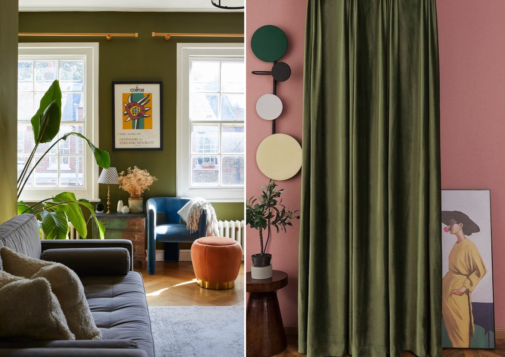 Olive green living room decor, velvet olive curtains