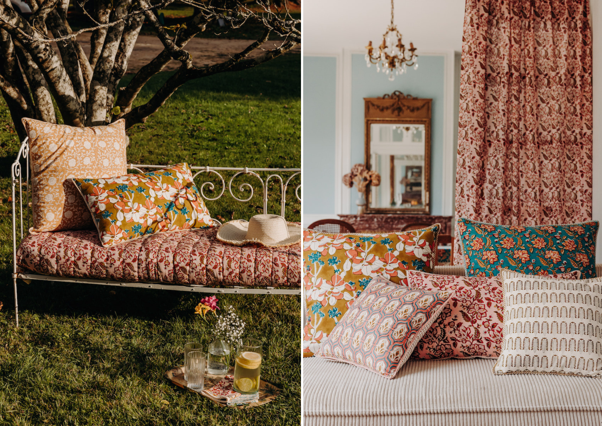 Indian cushions, printed quilt and boho chic decor