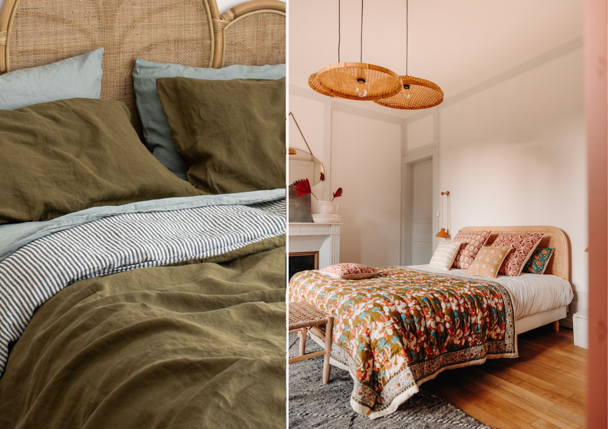 Olive green linen bedding, Jamini Indian quilt