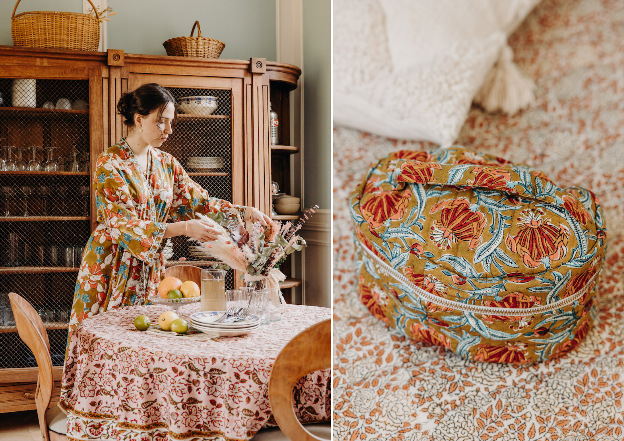 Cotton kimono, floral travel vanity