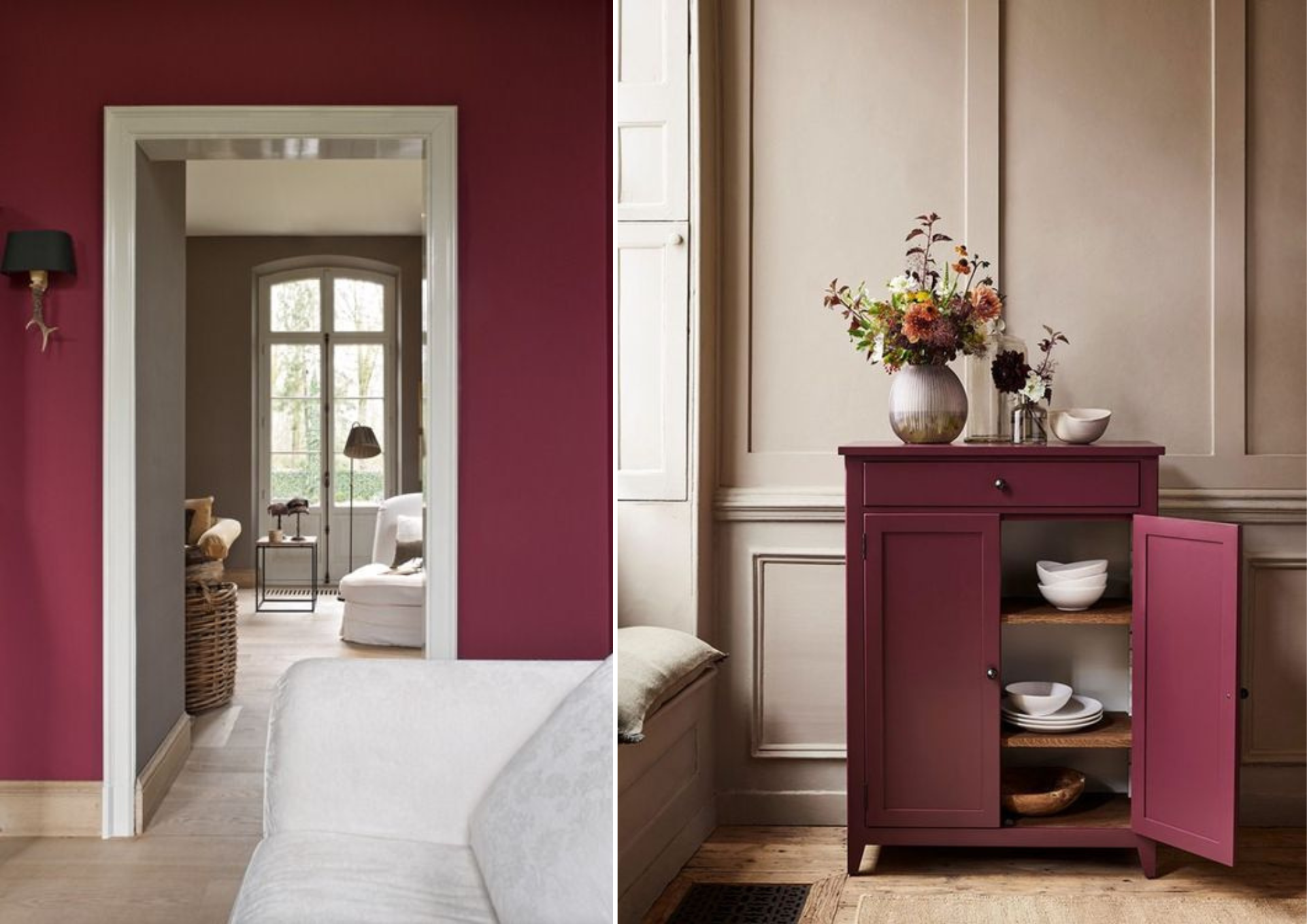 Décoration salon avec murs Magenta, Idées déco commode couleur Magenta